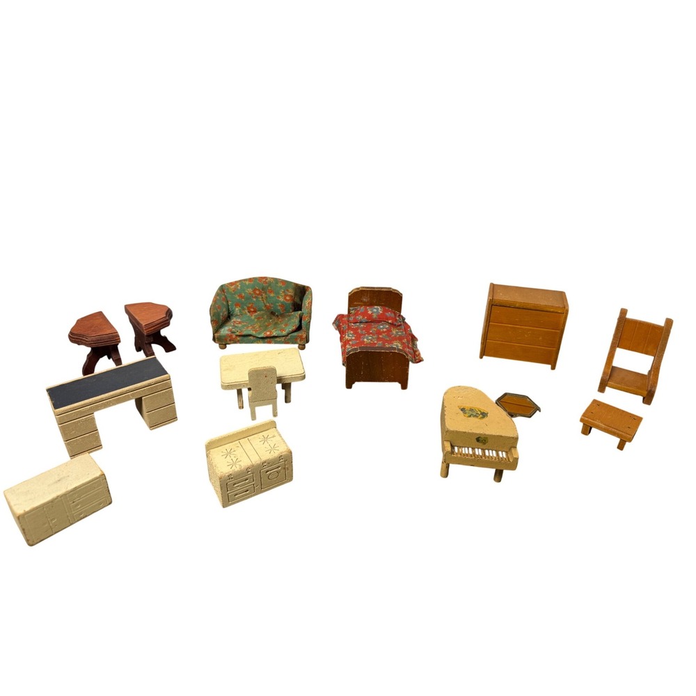 Vintage Wooden Dollhouse Furniture Lot Bed Sofa Piano Kitchen 15 Pc